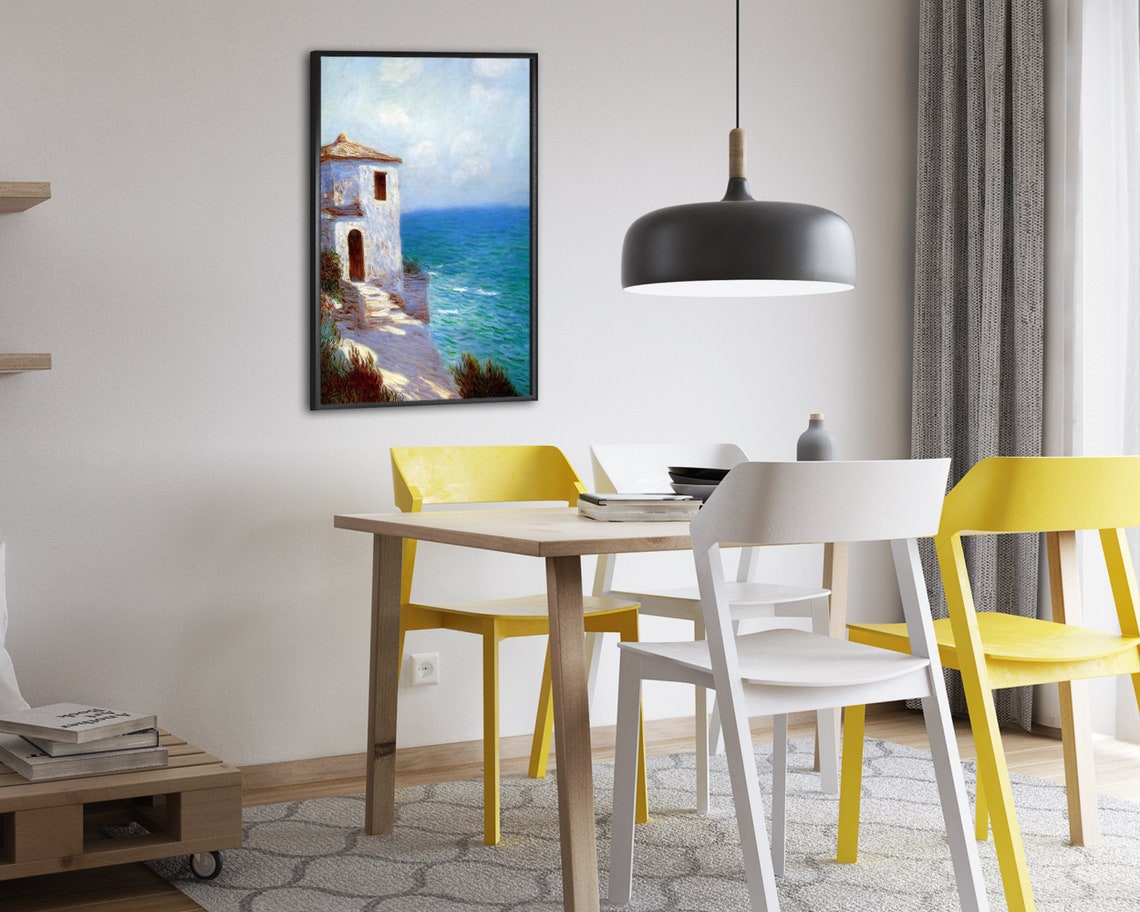 White Cliffside House Above a Bright Blue Sea Painting Poster - Image 2