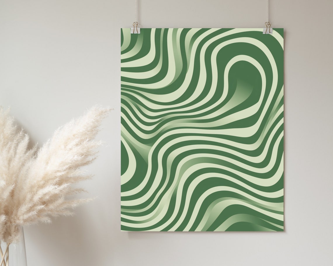 Sage Green Retro Wavy Swirl Lines Psychedelic Abstract Art Poster - Image 2
