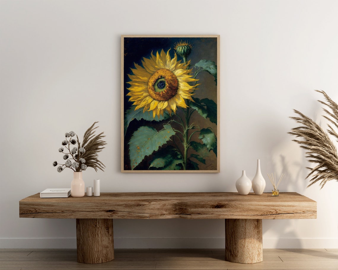 Classic Sunflower Still Life Poster with Bud in Old Master Style - Image 3