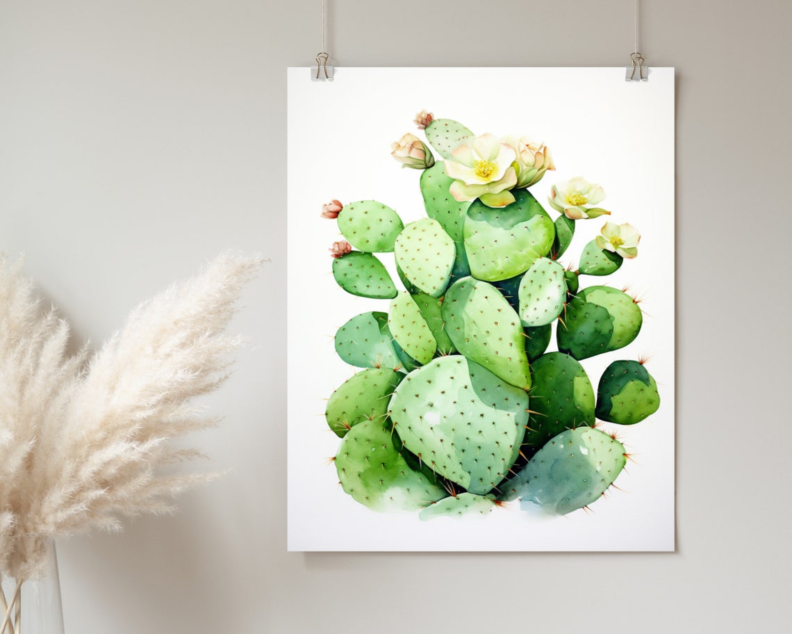 Prickly Pear Cactus White Blossoms Watercolor Desert Art Poster - Image 2