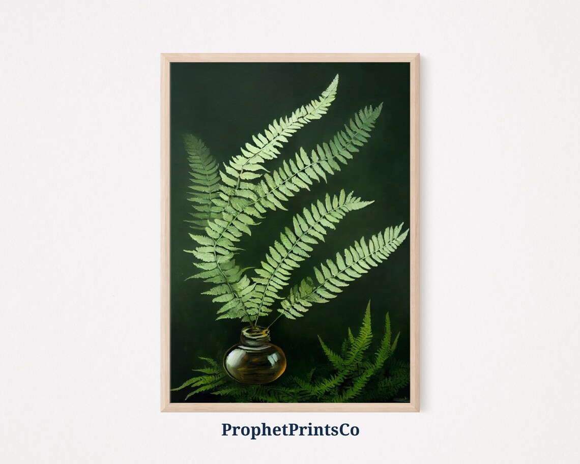 Fern Fronds in Glass Vase Dark Green Botanical Oil Painting Art Poster