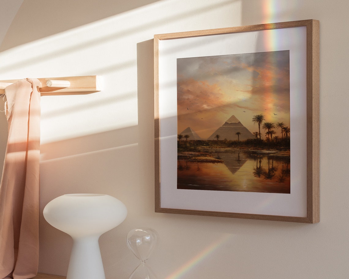Giza Pyramids Sunset Palms Reflection Oil Painting Egypt Poster - Image 3