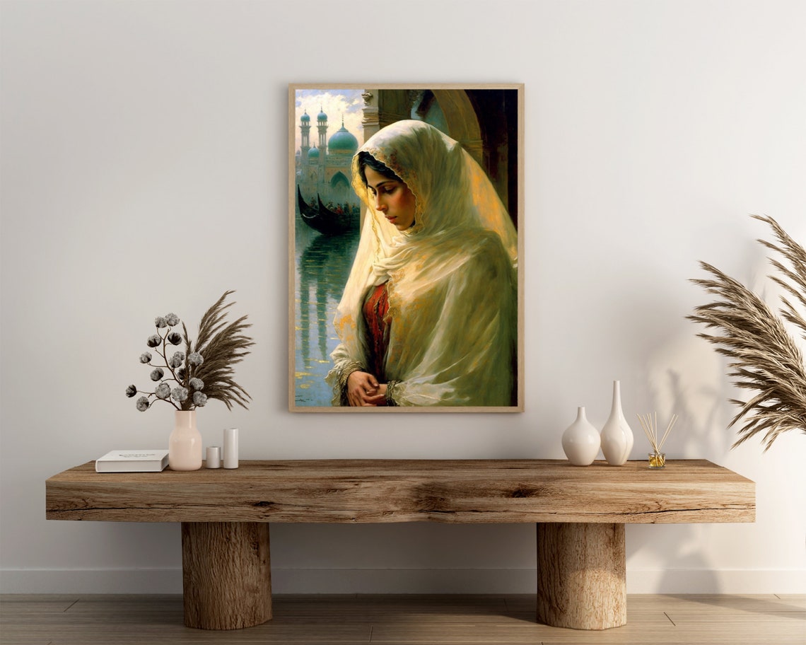Woman in White Veil Poster by the Water with Mosque Domes Oil Artwork - Image 3