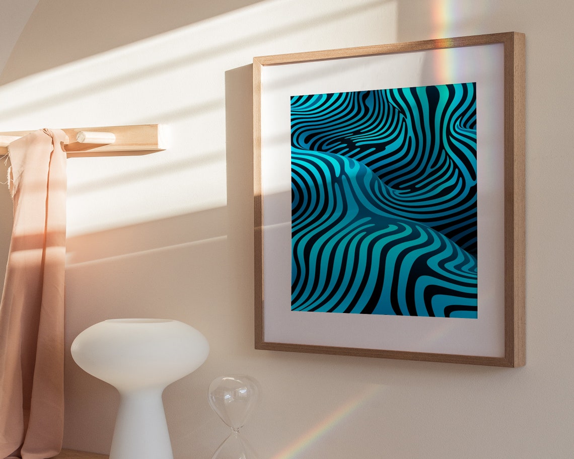 Teal Striped Flowing Ribbon Optical Illusion 3D Ocean Wave Poster - Image 3
