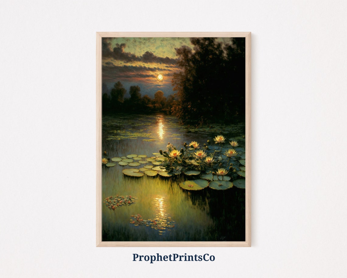 Tranquil Water Lilies Blooming on Sunset Pond Golden Hour Poster