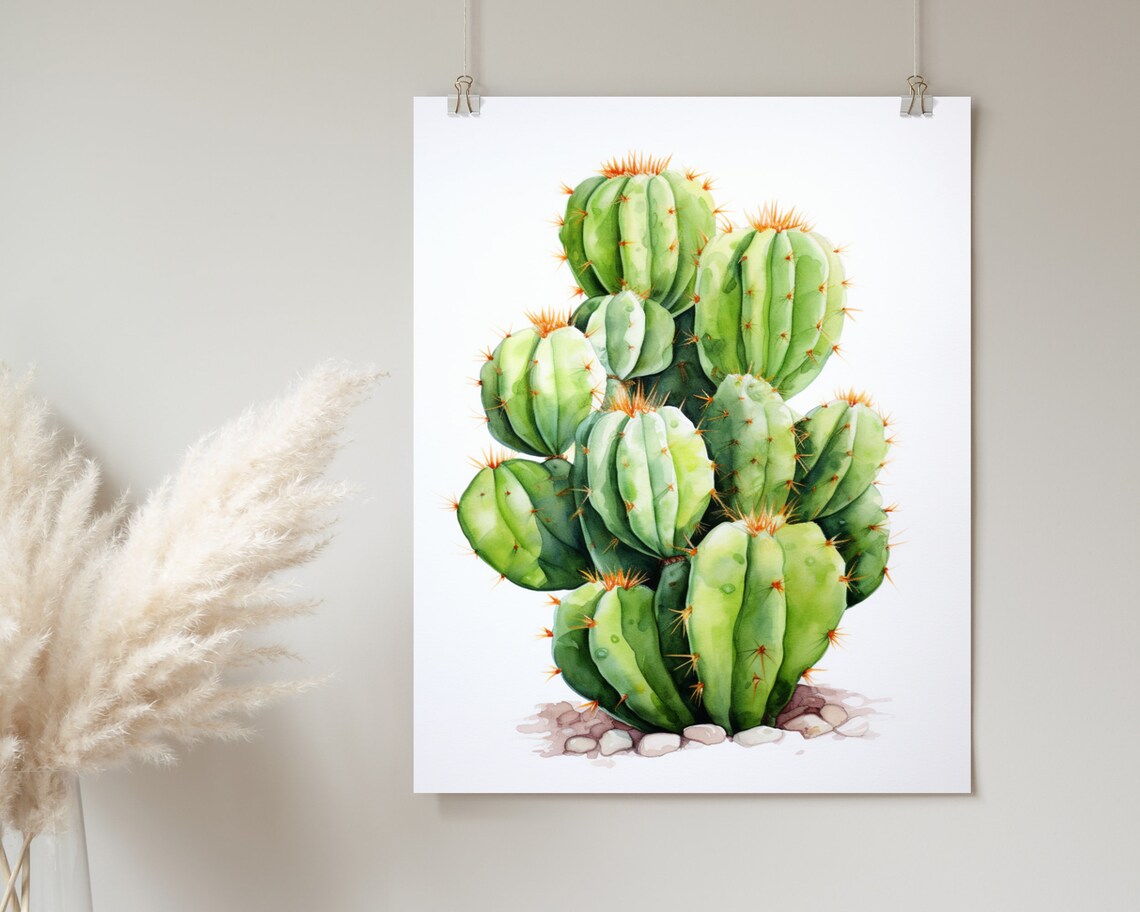 Green Barrel Cactus Cluster Watercolor Southwestern Art Poster - Image 2