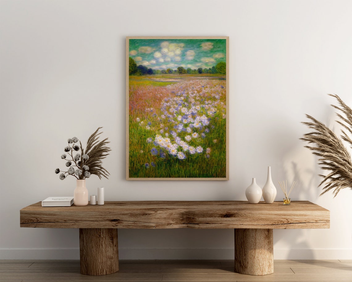 Wildflower Meadow Under Bright Blue Sky Impressionist Art Poster - Image 3