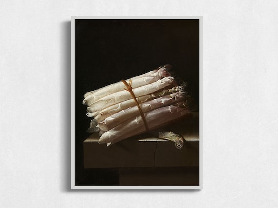 Vintage Art Print White Asparagus Antique Vegetable Still Life Oil Painting