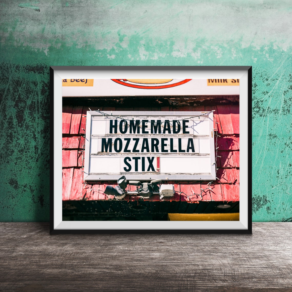 Homemade Mozzarella Stix Marquee Sign On Red Shingled Wall Poster