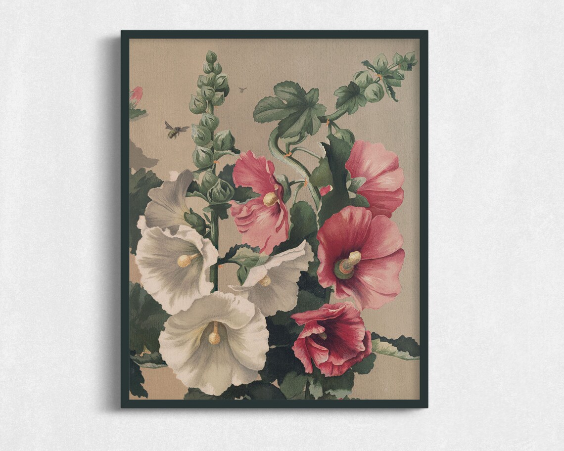 Vintage Hollyhock Botanical Print Pink White Blooms Wall Art Poster