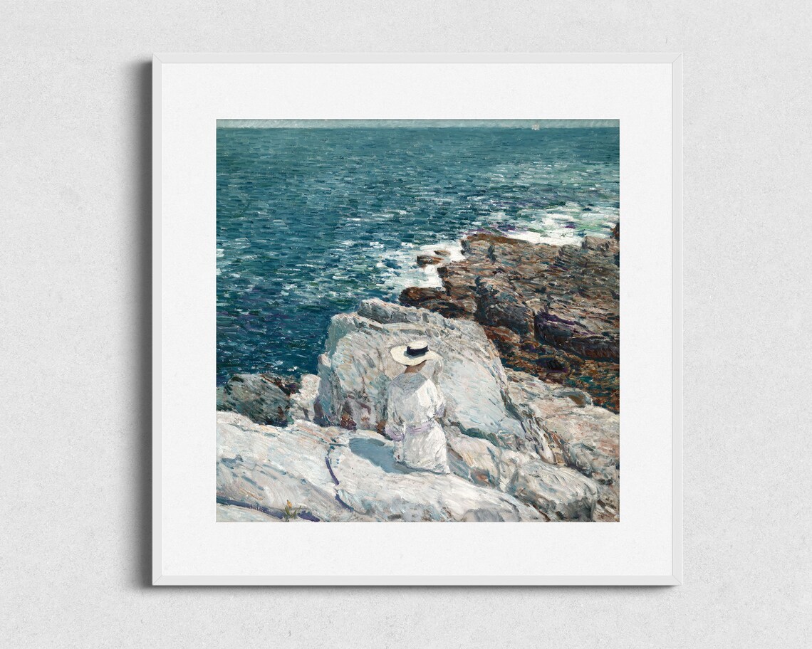 Impressionist Coastal Scene Woman White Dress Rocks Sparkling Sea Art Poster - Image 2