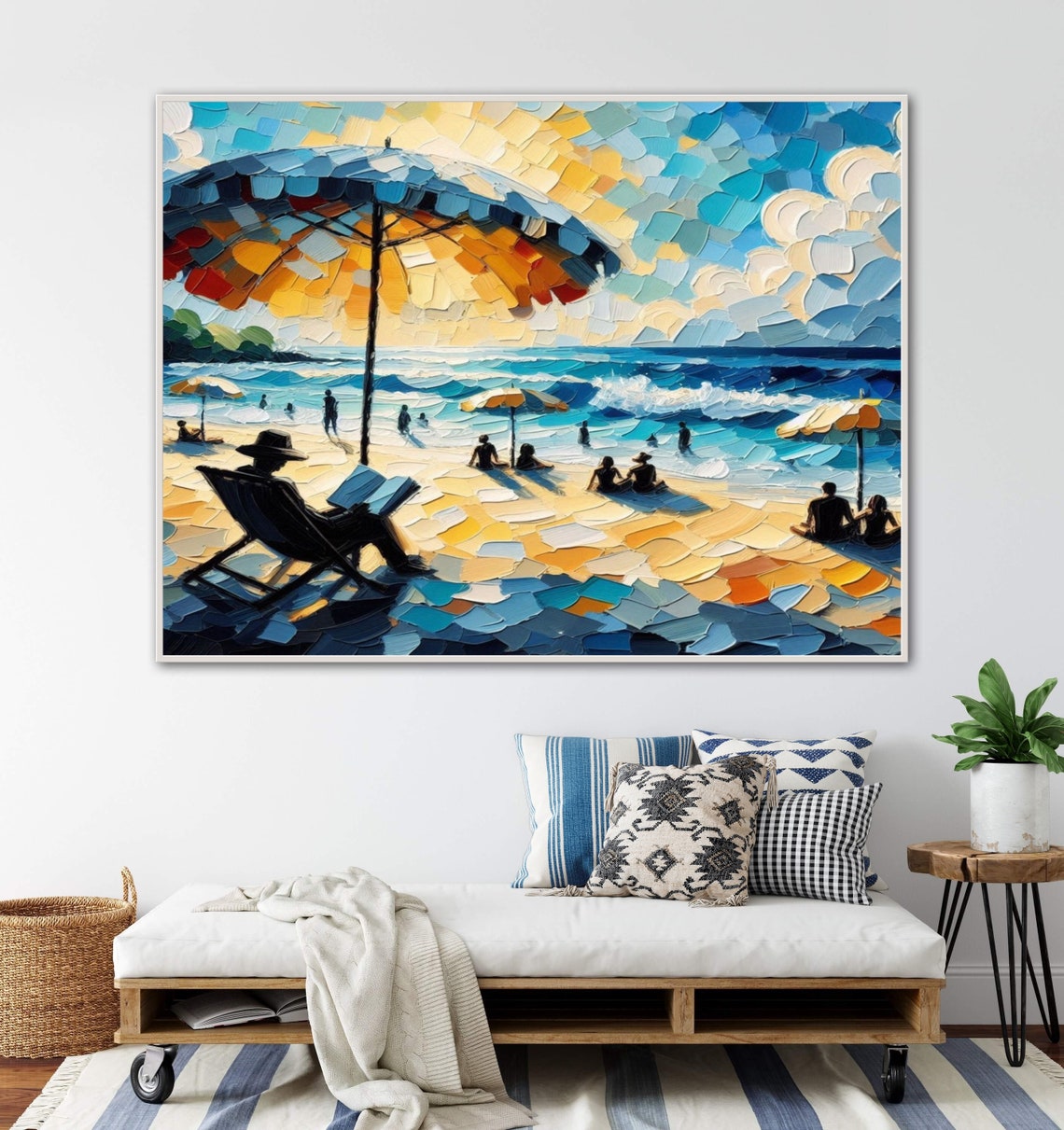 Sunlit Beach Umbrella Crowd Impasto Panoramic Coastal Art Poster - Image 3
