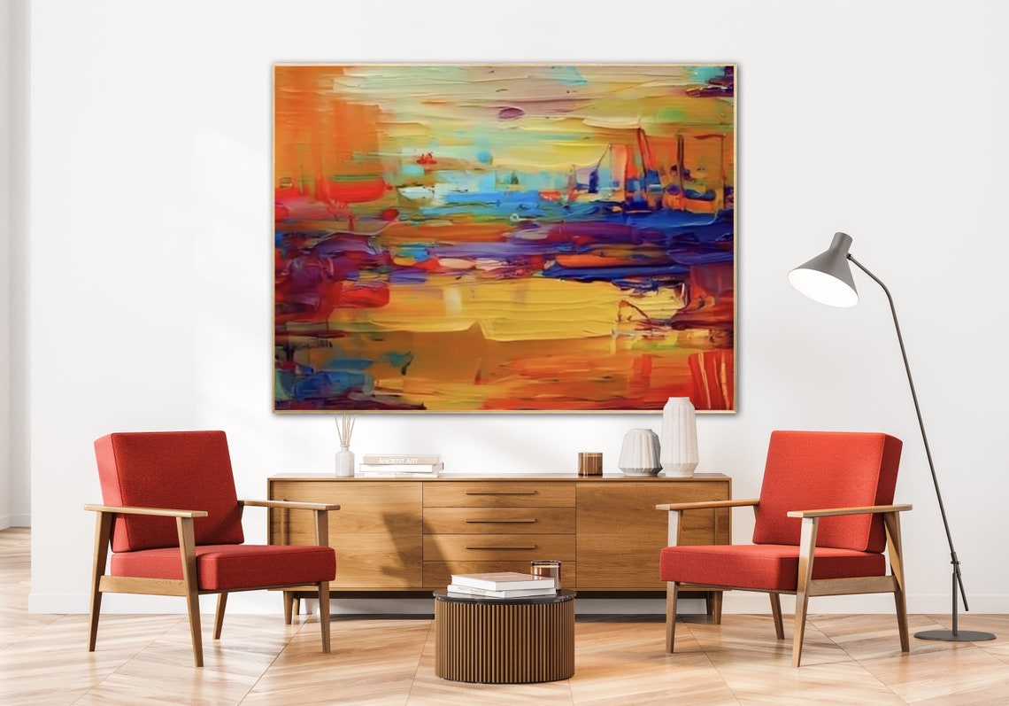 Warm Orange Abstract Sunset Landscape Impasto Style Art Poster - Image 4