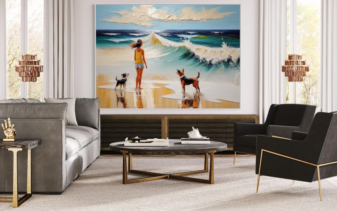 Girl with Two Dogs Watching Ocean Waves Beach Scene Art Poster - Image 3