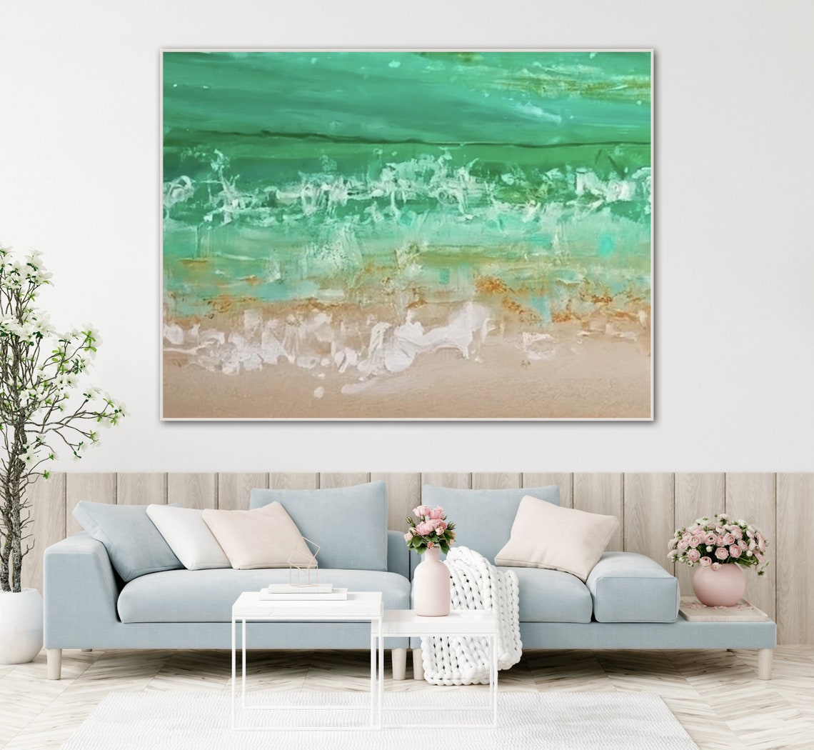 Emerald Green Sea Over Sandy Shore Abstract Coastal Art Poster - Image 2