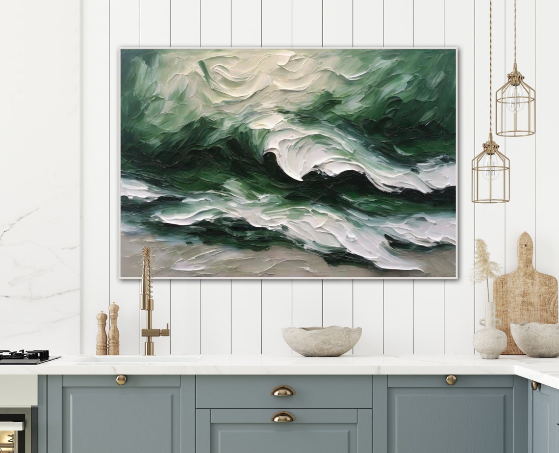 Dark Green and White Crashing Waves Thick Textured Art Poster - Image 4