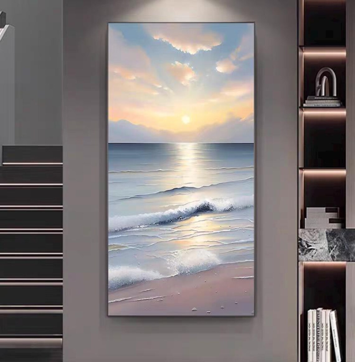 Golden Sunrise over Rolling Ocean Waves Beach Scene Art Poster - Image 4