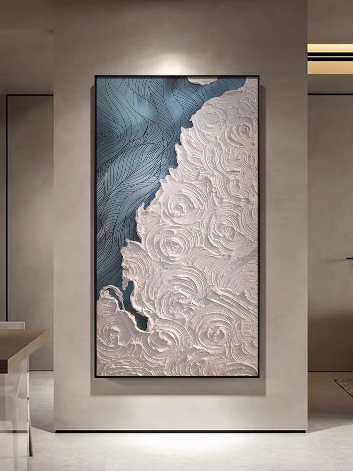 Abstract Blue Waves and White Textured Swirls Split Design Poster - Image 2