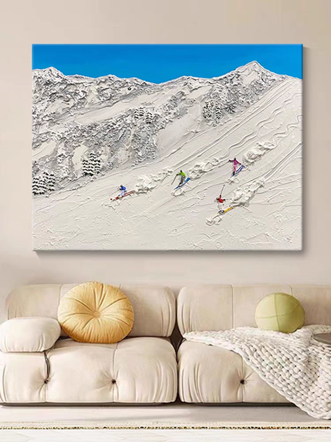 Skiers Racing Down Snowy Mountain Bright Blue Sky Winter Poster - Image 2