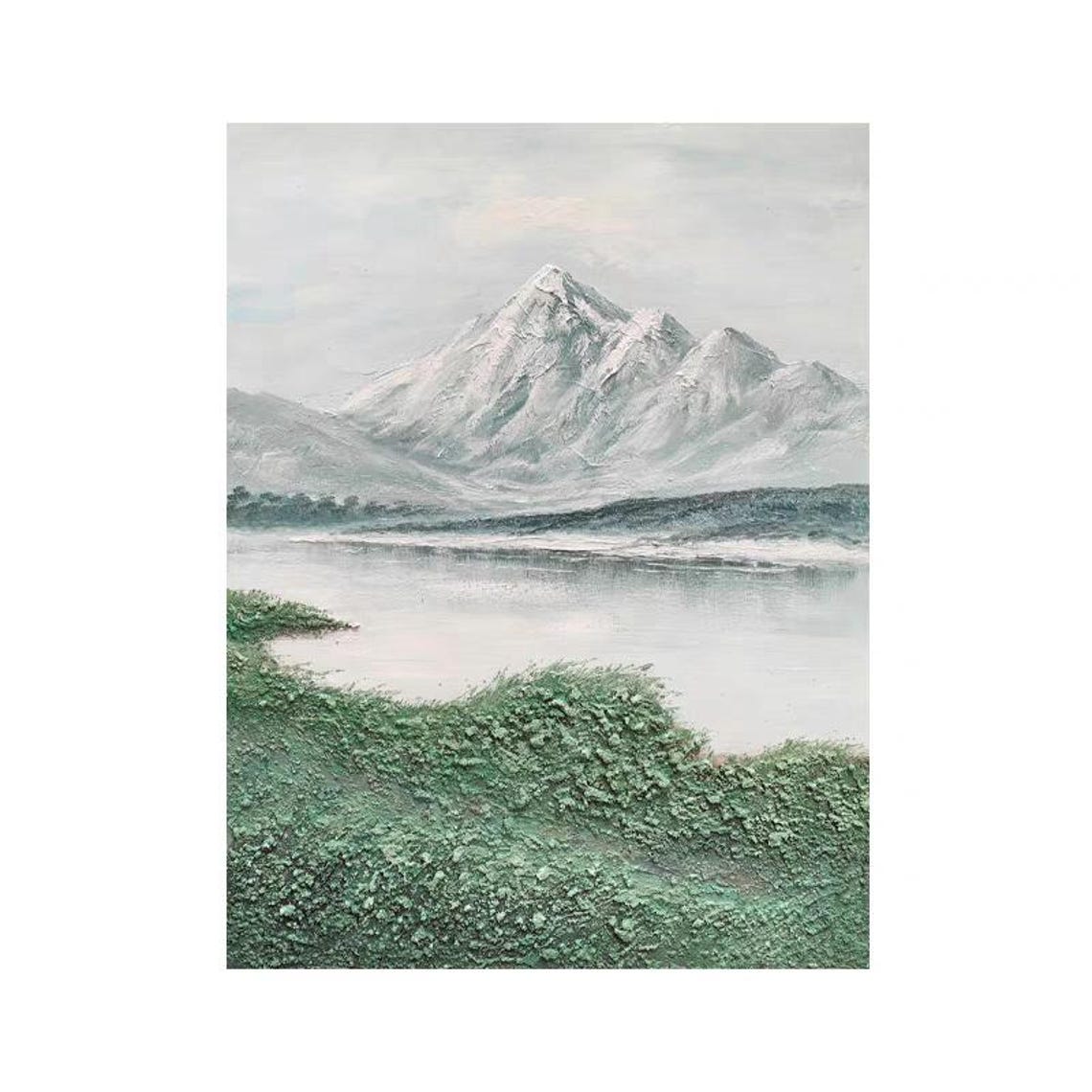 Snowy Mountains Painting Large Size Lakeside Artwork Green Grass Thick Textured Oil Art Portrait Oversized Living Room Wall Decor - Image 2