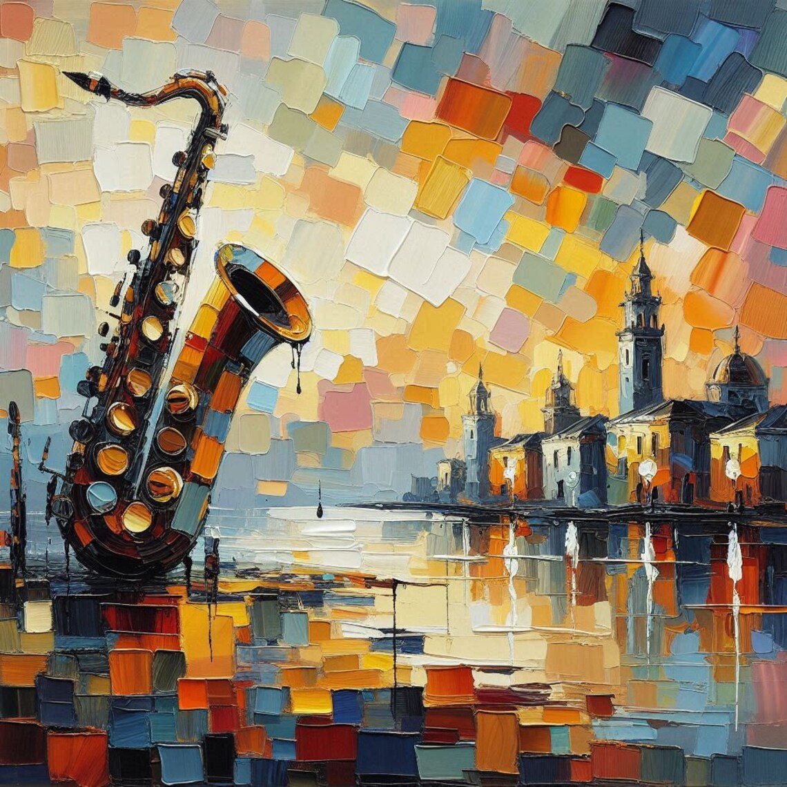 Saxophone Over Sunset Waterfront Mosaic Jazz Music Painting Poster - Image 4