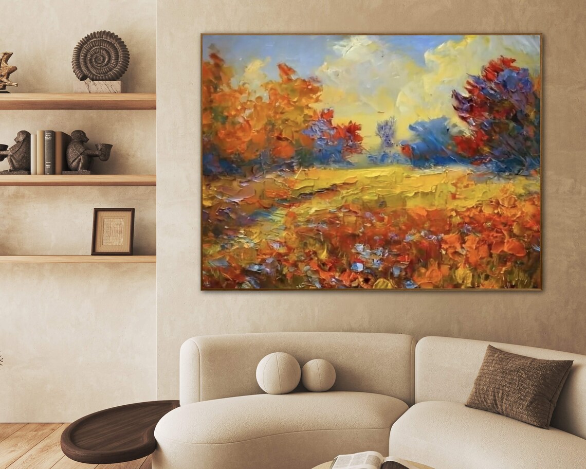 Autumn Countryside Field With Orange Trees Impasto Art Poster - Image 3