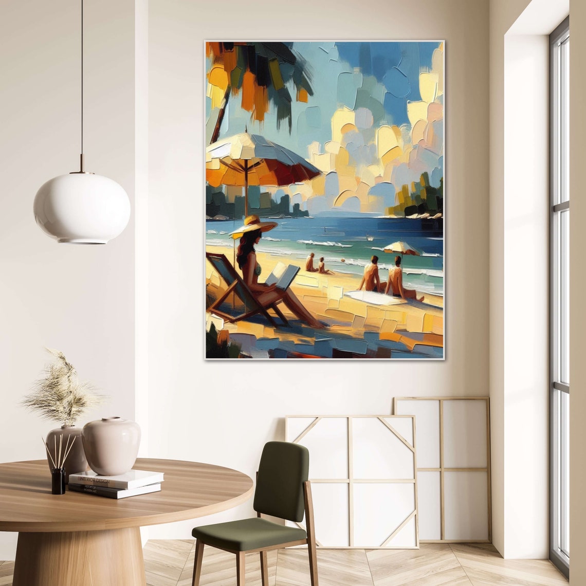Woman Reading Under Umbrella on a Calm Bay Impasto Art Poster - Image 4