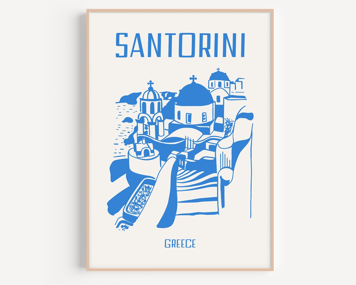 Santorini Greece Blue White Domed Church Line Art Travel Poster