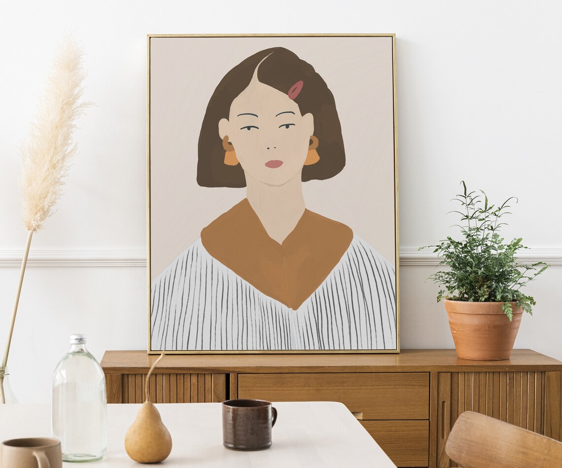 Modern Bob Haircut Woman Portrait Striped Top Neutral Poster - Image 4