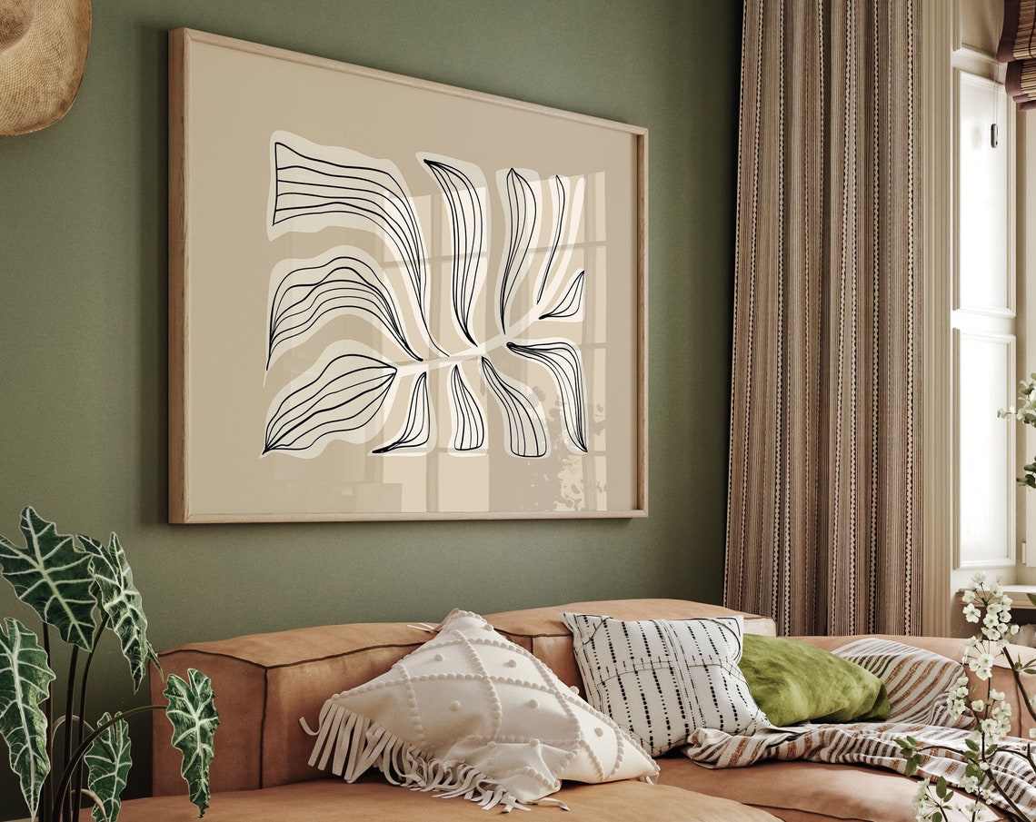 Minimalist Black Line Leaf Abstract Beige Modern Decor Art Poster
