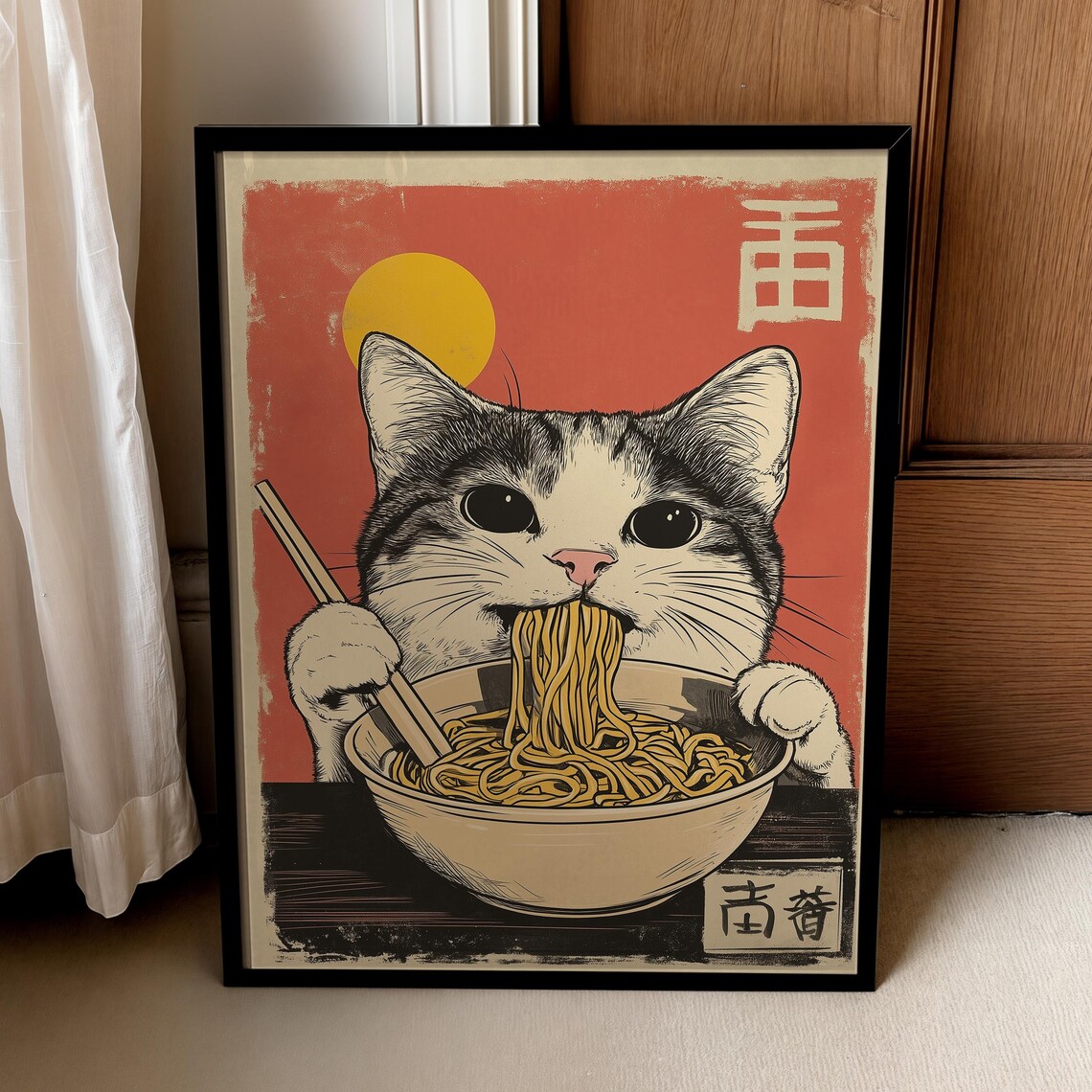 Vintage Cat Eating Ramen Art Print, Japanese Wall Art