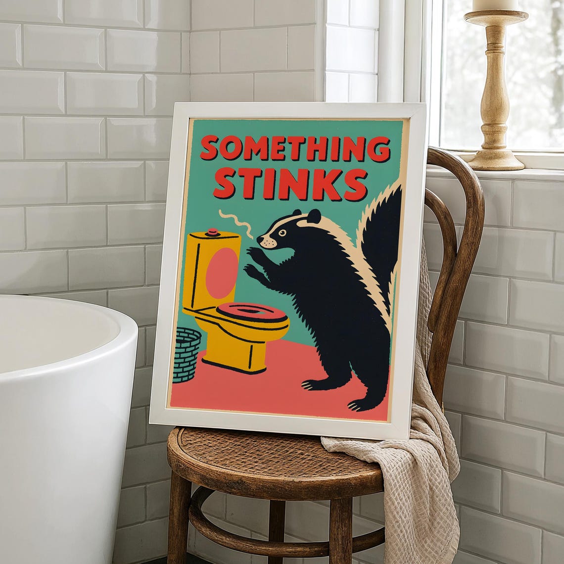 Something Stinks Funny Skunk Toilet Retro Bathroom Humor Poster
