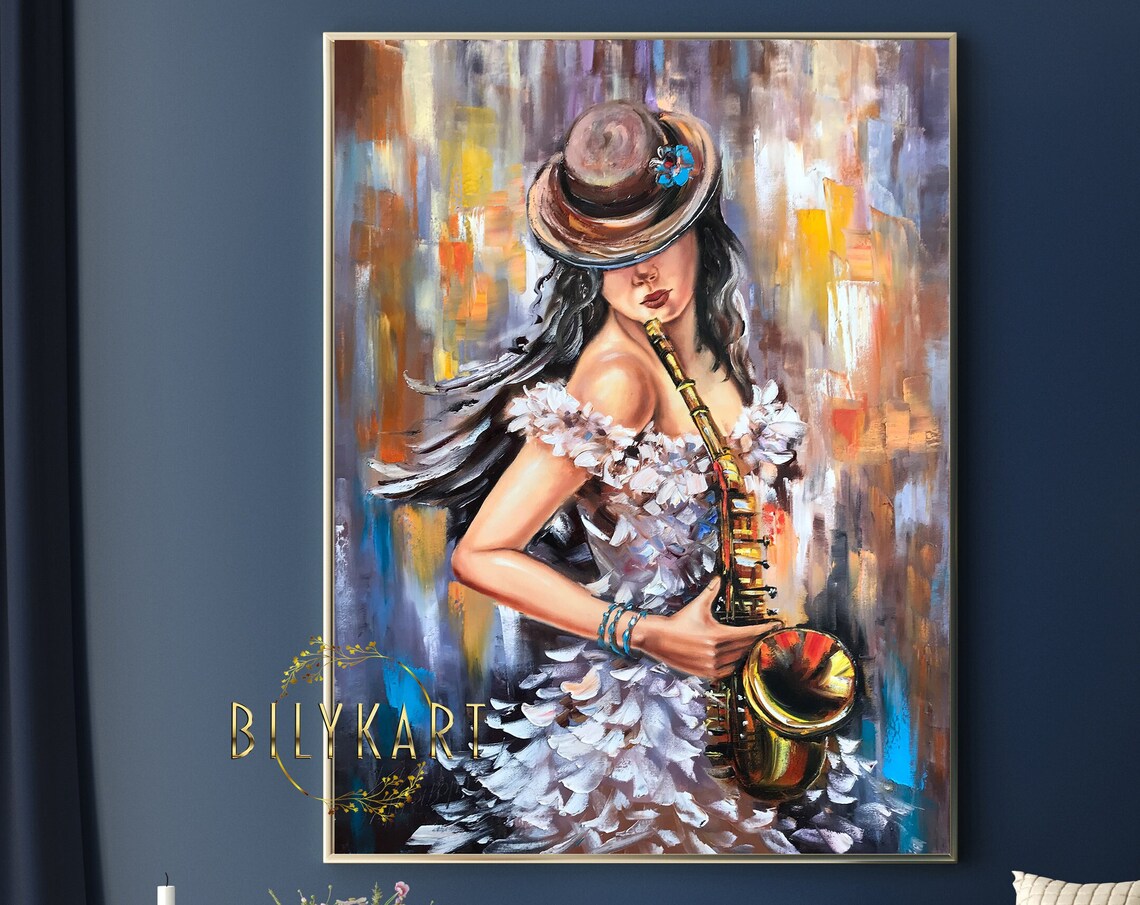 Jazz Saxophone Woman White Dress Hat Gold Oil Painting Music Art Wall Poster - Image 2