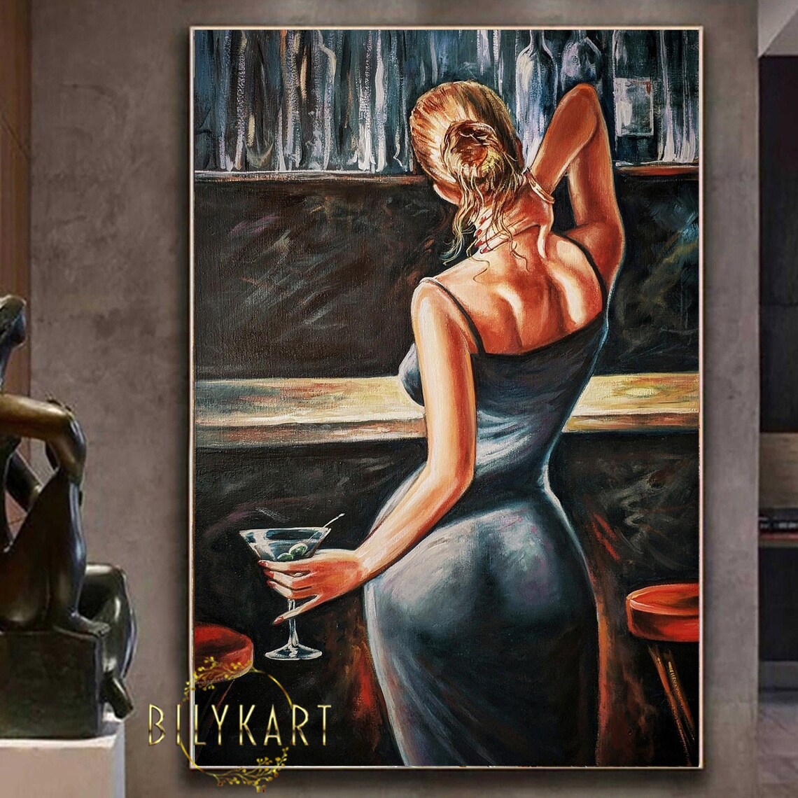Elegant Woman Back Oil Painting Of Woman From Behind Original Art Luxury Girl In Bar Cocktail Art Bar Wall Decor Modern Alcohol Painting
