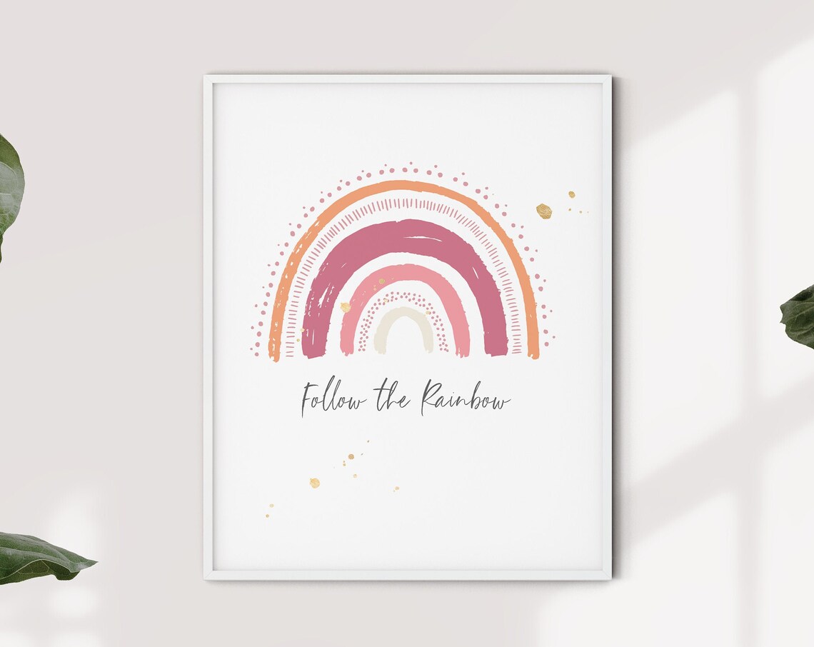 Follow The Rainbow Pink Orange Boho Nursery Kids Room Wall Poster