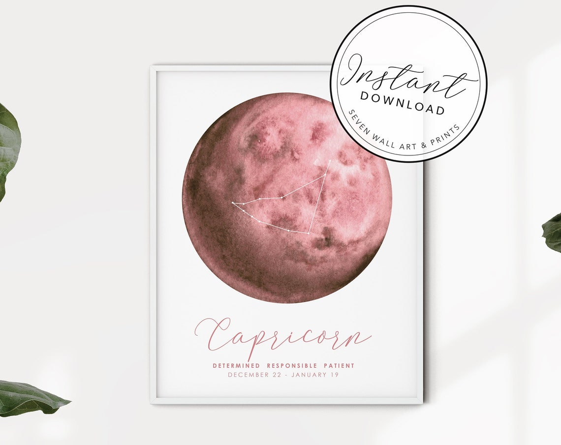 Capricorn Zodiac Constellation Pink Moon Watercolor Horoscope Poster
