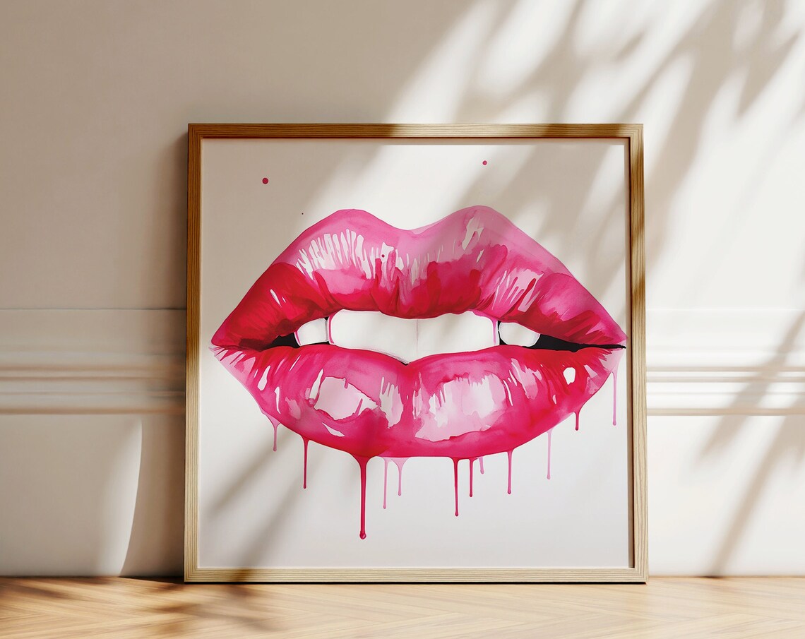 Glossy Pink Lips Dripping Paint Watercolor Pop Art Style Poster