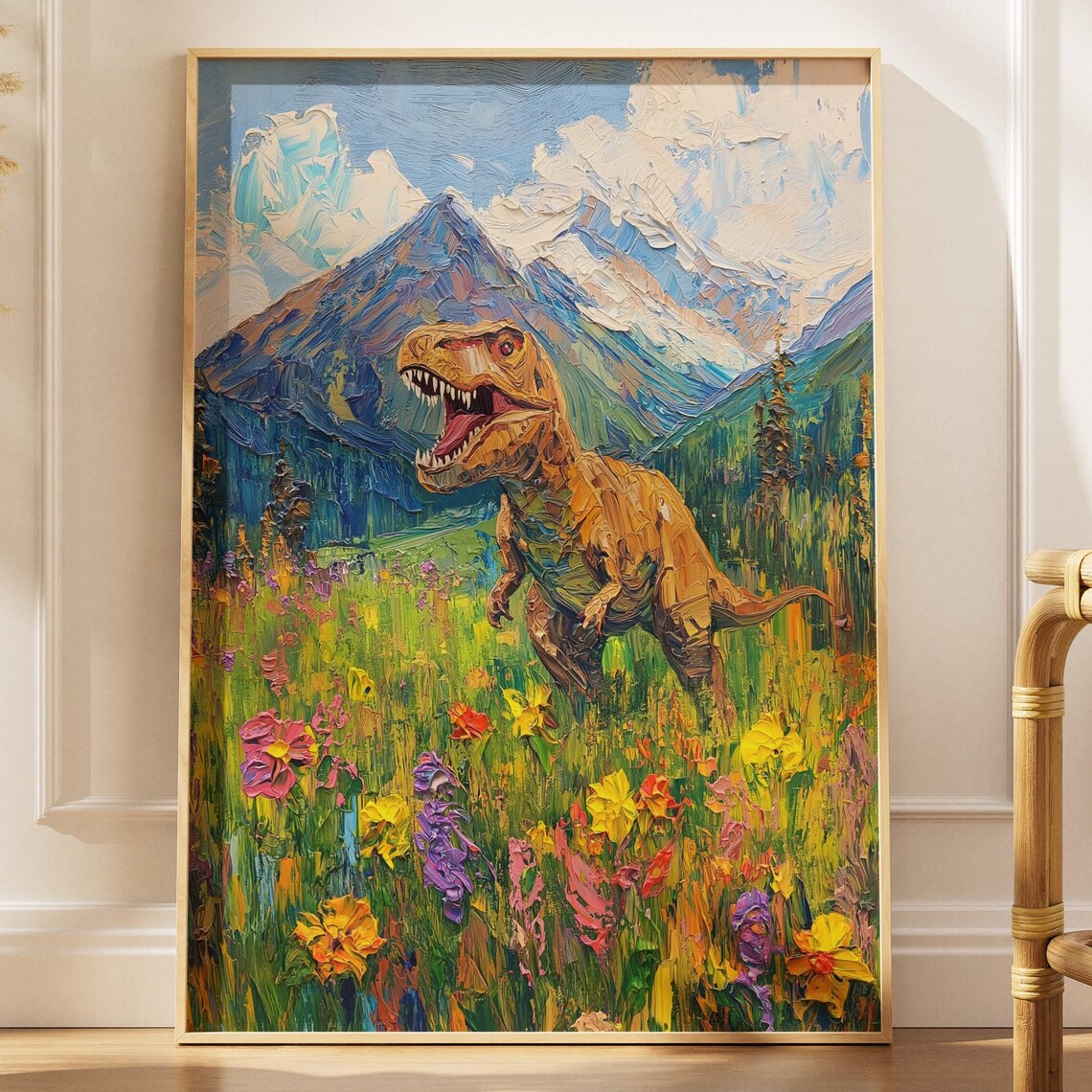 Tyrannosaurus Rex Wildflower Meadow Impasto Oil Painting Dinosaur Poster