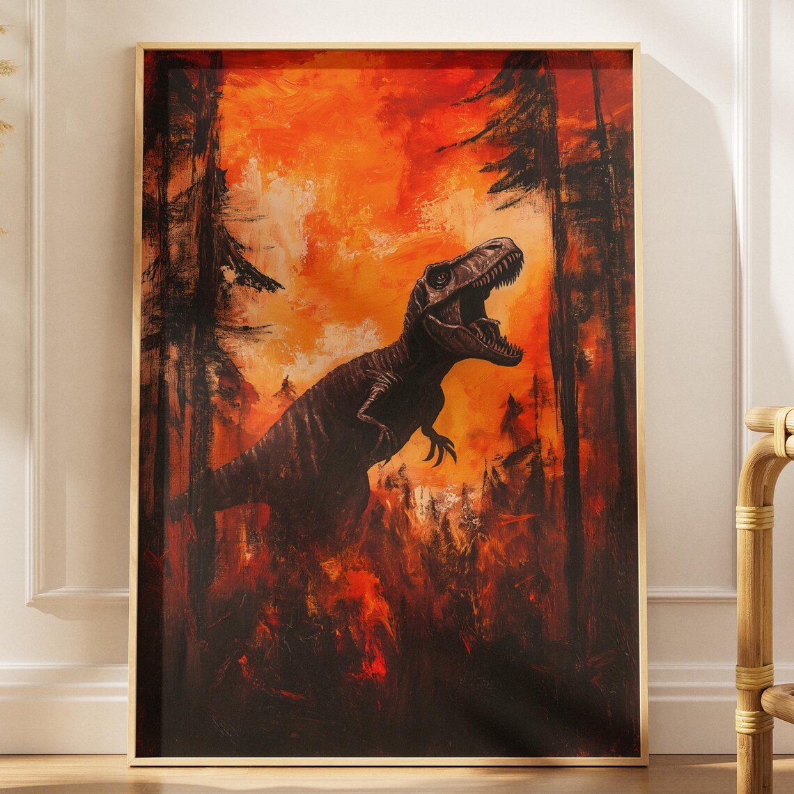 Fiery Trex Poster Print, Dramatic Dinosaur