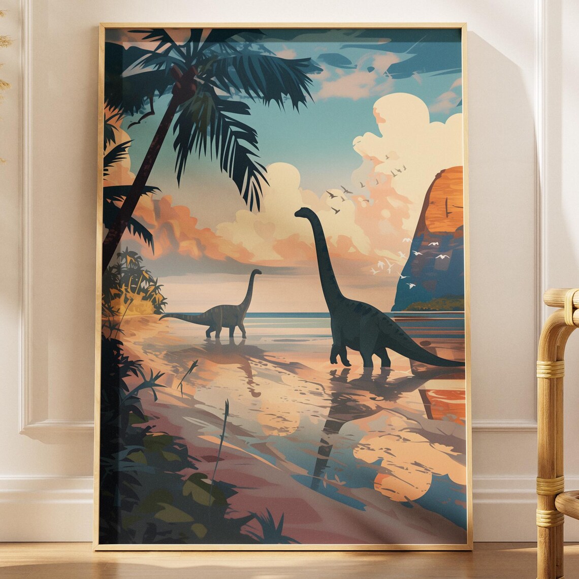 Brachiosaurus Dinosaur Travel Poster, Tropical Sunset