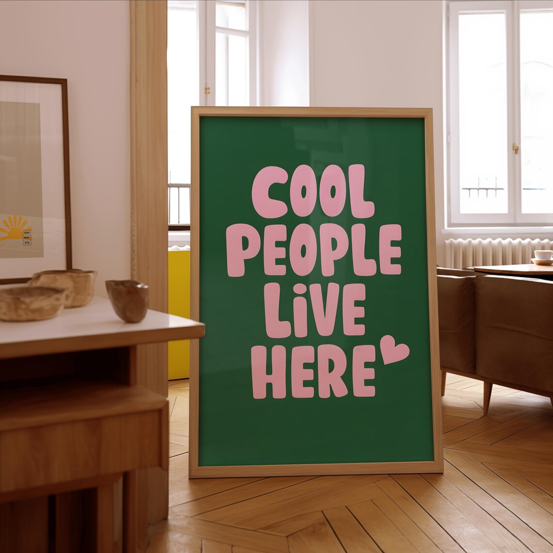 Cool People Live Here Blush Pink On Forest Green Retro Typography Poster