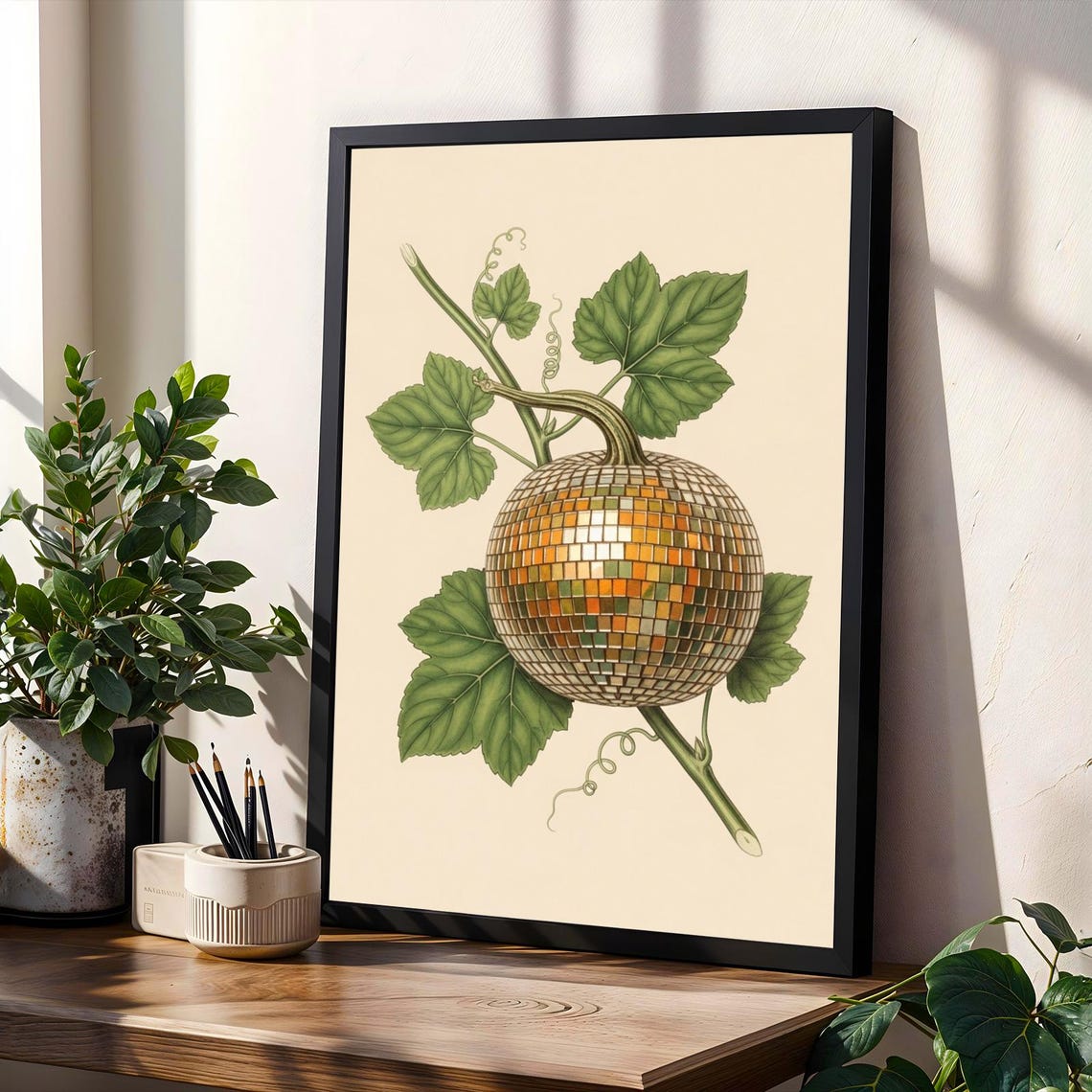 Disco Ball Pumpkin Print Vintage Halloween Botanical Surreal Art