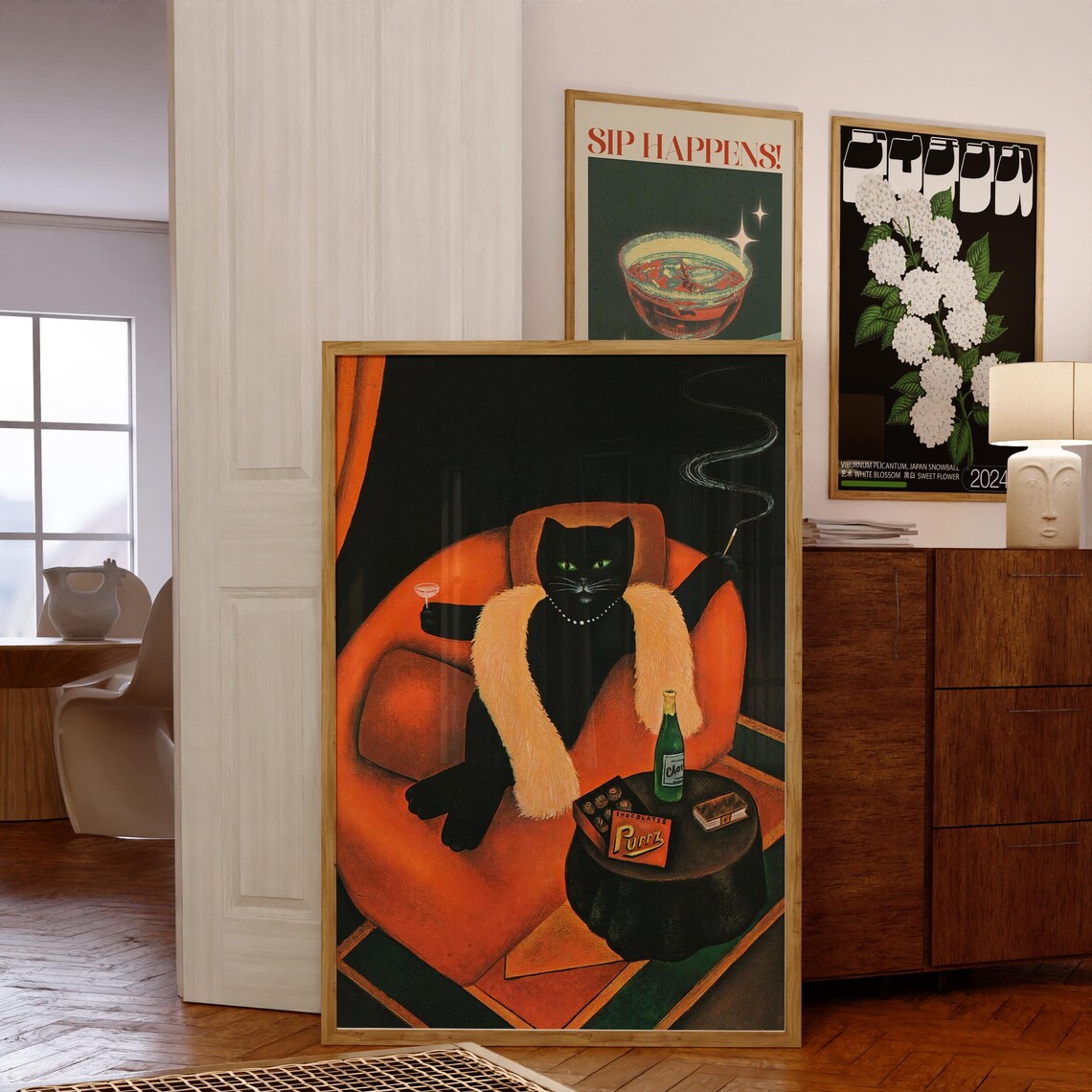 Noir Black Cat Smoking Lounge Orange Vintage Retro Feline Poster