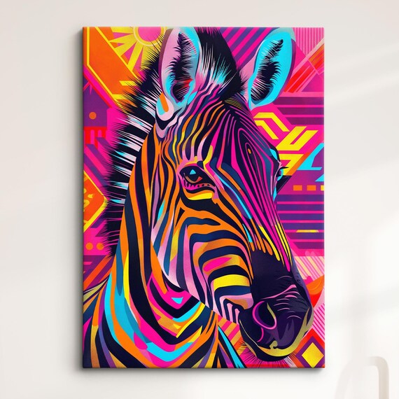 Colorful Zebra Neon Pop Art Head Portrait Geometric Background Poster