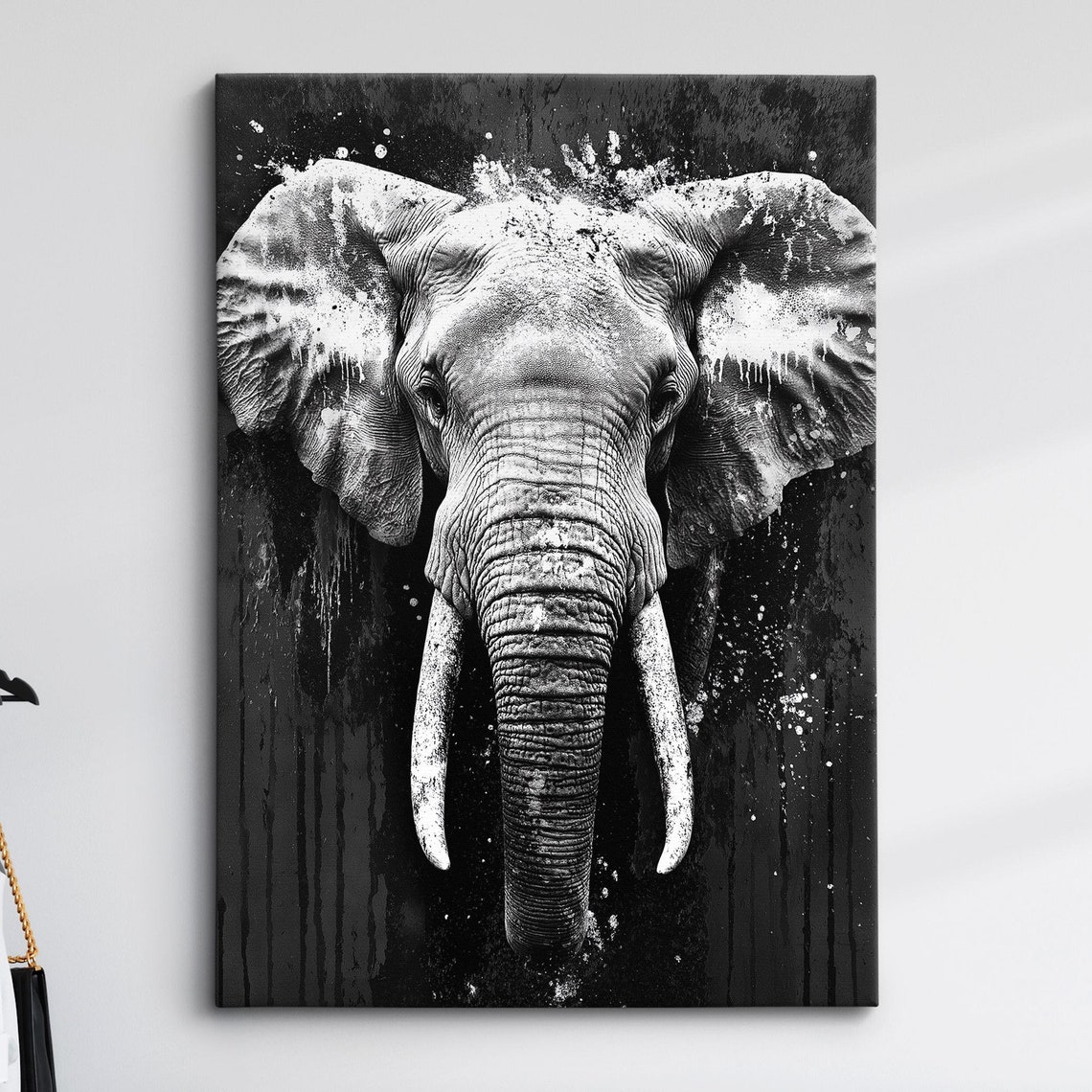 Black White Elephant Splatter Paint Drips Dramatic Wildlife Art Poster