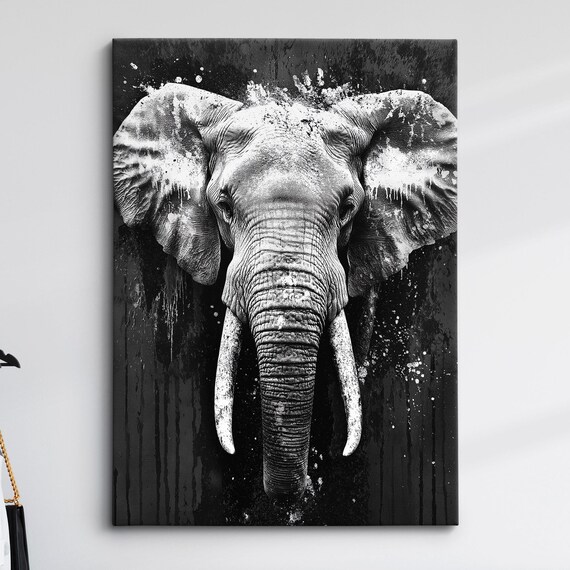 Black White Elephant Splatter Paint Drips Dramatic Wildlife Art Poster