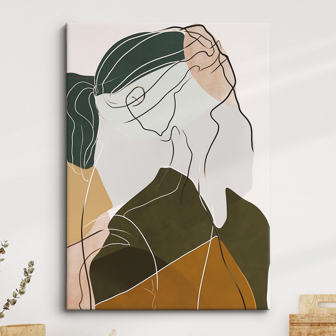 Minimalist Woman Line Art Portrait Green Beige Modern Abstract Poster
