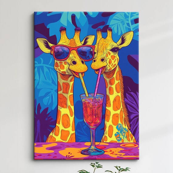 Two Giraffes Sharing Cocktail Sunglasses Fun Pop Art Safari Party Poster