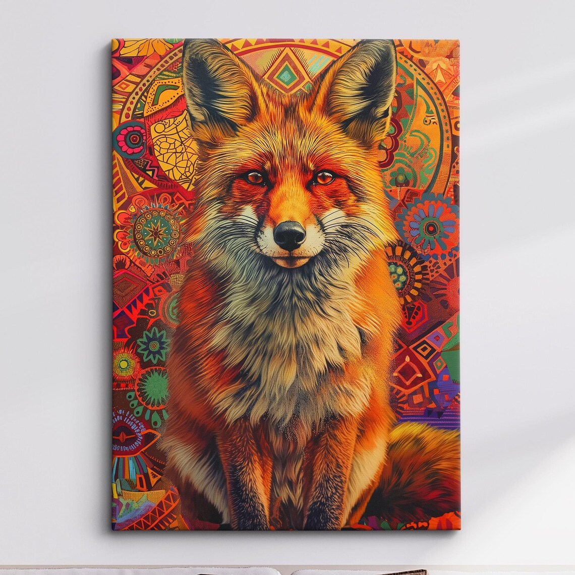 Red Fox Portrait Mandala Pattern Background Realistic Wildlife Art Poster