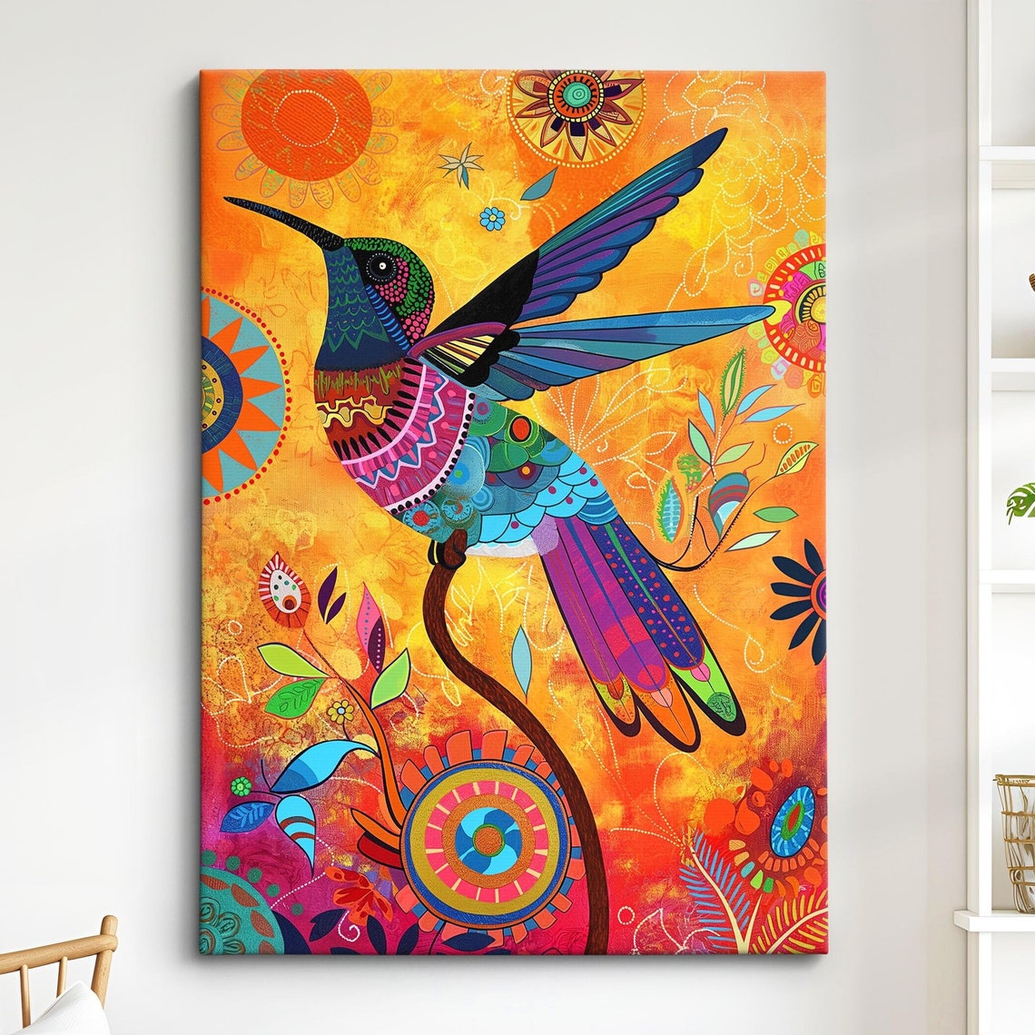 Colorful Hummingbird Folk Art Orange Mandala Background Wall Poster